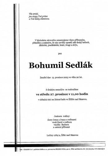 Smuteční oznámení - pan Bohumil SEDLÁK