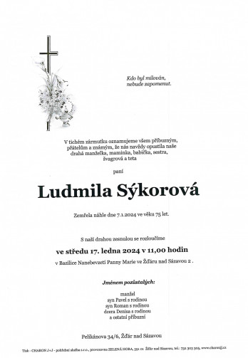 Smuteční oznámení - paní Ludmila SÝKOROVÁ