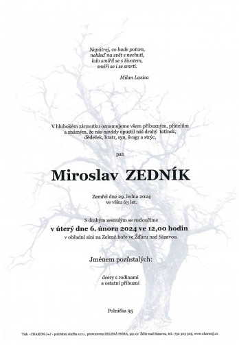 Smuteční oznámení - pan Miroslav ZEDNÍK