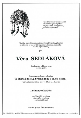 Smuteční oznámení - paní Věra SEDLÁKOVÁ