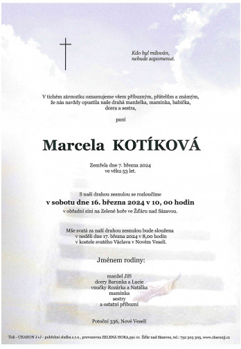 Smuteční oznámení - paní Marcela KOTÍKOVÁ