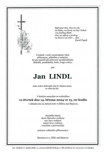 Smuteční oznámení - pan Jan LINDL