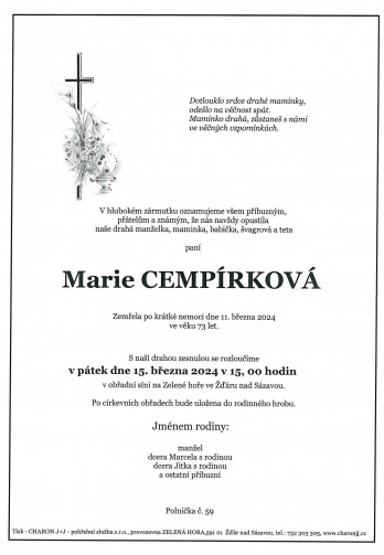 Smuteční oznámení - paní Marie CEMPÍRKOVÁ