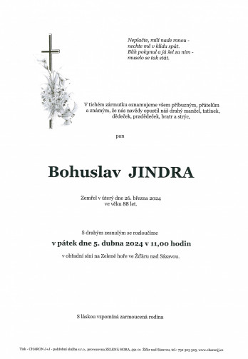 Smuteční oznámení - pan Bohuslav JINDRA