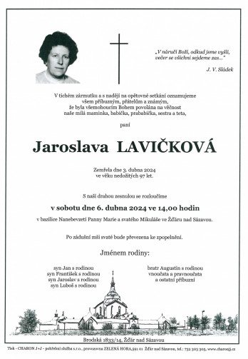 Smuteční oznámení - paní Jaroslava LAVIČKOVÁ