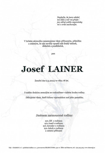 Smuteční oznámení - pan Josef LAINER