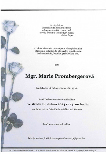 Smuteční oznámení - Mgr. Marie Prombergerová