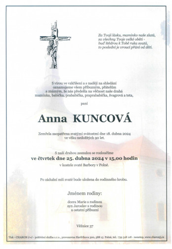 Smuteční oznámení - paní Anna KUNCOVÁ