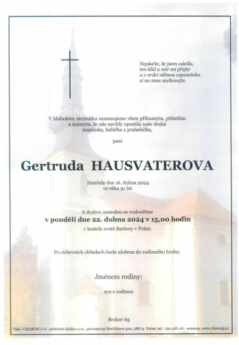 Smuteční oznámení - paní Gertruda HAUSVATEROVÁ