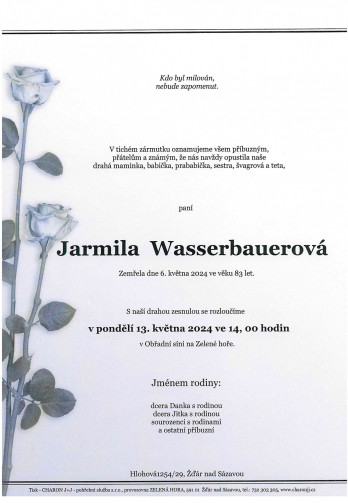 Smuteční oznámení - paní Jarmila Wasserbauerová
