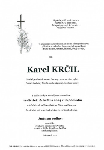 Smuteční oznámení - pan Karel KRČIL