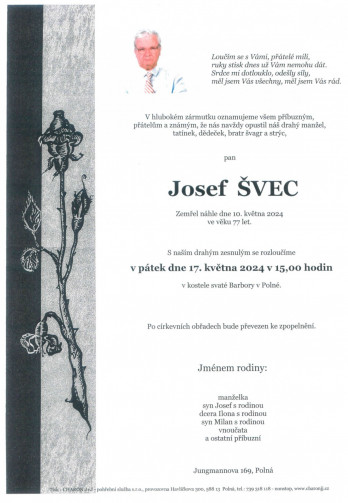 Smuteční oznámení - pan Josef ŠVEC