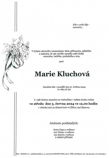 Smuteční oznámení - paní Marie Kluchová