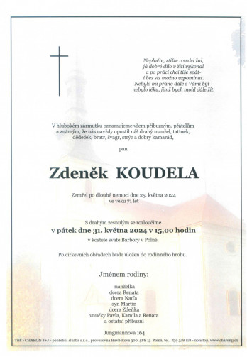 Smuteční oznámení - pan Zdeněk KOUDELA