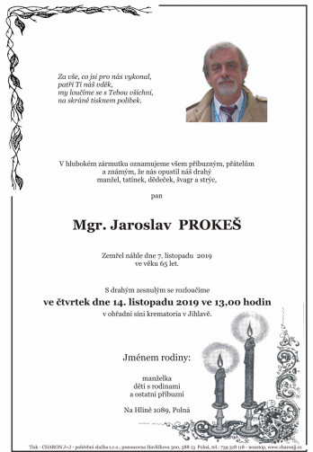 Smuteční oznámení - Mgr. Jaroslav Prokeš