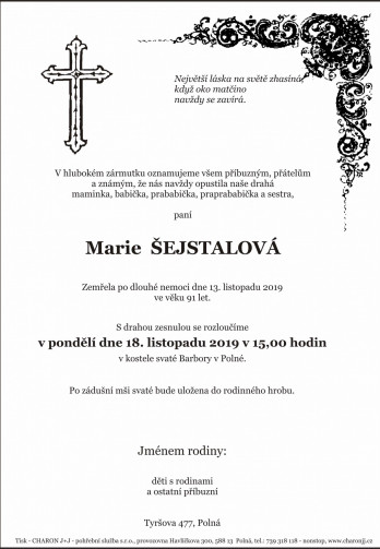 Smuteční oznámení - Marie ŠEJSTALOVÁ