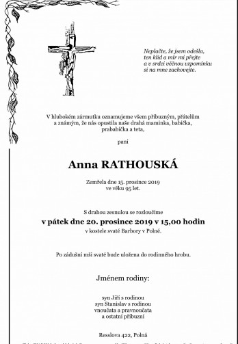 Smuteční oznámení - Anna RATHOUSKÁ