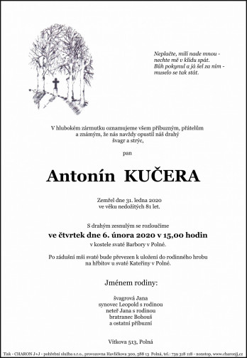 Smuteční oznámení - pan Antonín KUČERA