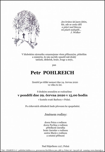 Smuteční oznámení - pan Petr POHLREICH