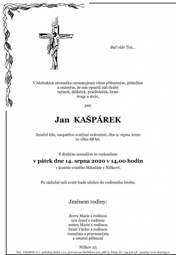 Smuteční oznámení - pan Jan KAŠPÁREK