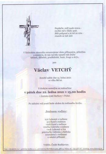 Smuteční oznámení - pan Václav VETCHÝ