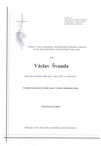 Smuteční oznámení - pan Václav ŠVANDA