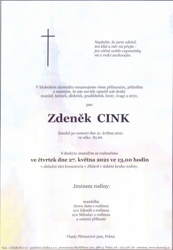 Smuteční oznámení - pan Zdeněk CINK