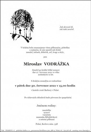 Smuteční oznámení - pan Miroslav VODRÁŽKA