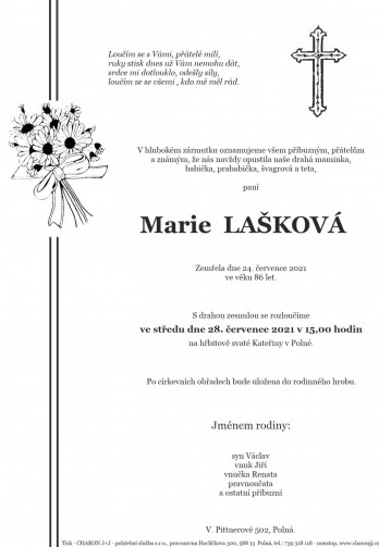 Smuteční oznámení - paní Marie LAŠKOVÁ