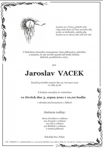 Smuteční oznámení - pan Jaroslav VACEK