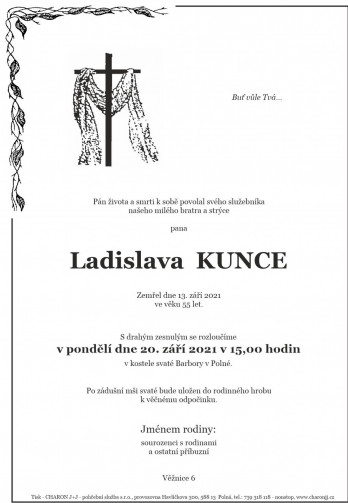 Smuteční oznámení - pan Ladislav KUNC