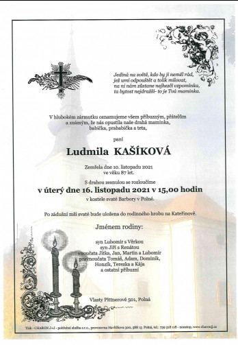 Smuteční oznámení - paní Ludmila KAŠÍKOVÁ