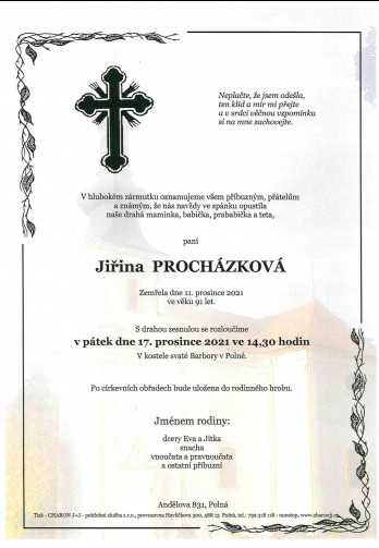 Smuteční oznámení - paní Jiřina PROCHÁZKOVÁ