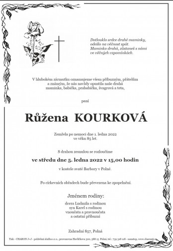 Smuteční oznámení - paní Růžena KOURKOVÁ