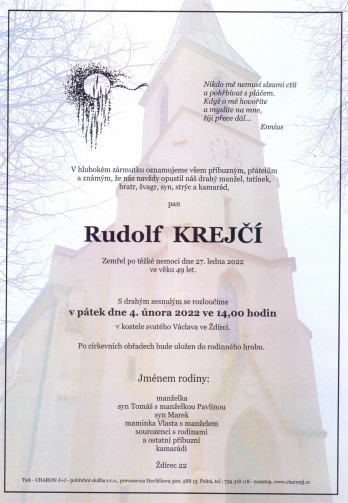 Smuteční oznámení - pan Rudolf KREJČÍ