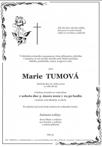 Smuteční oznámení - paní Marie TUMOVÁ