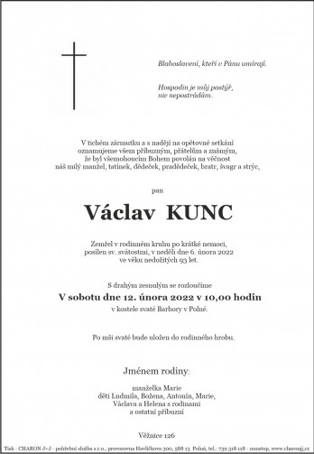 Smuteční oznámení - pan Václav KUNC