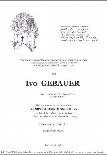Smuteční oznámení - pan Ivo GEBAUER