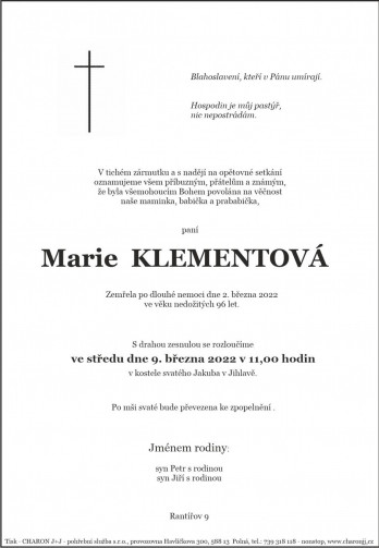 paní Marie KLEMENTOVÁ