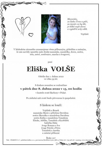 Smuteční oznámení - paní Eliška VOLŠE