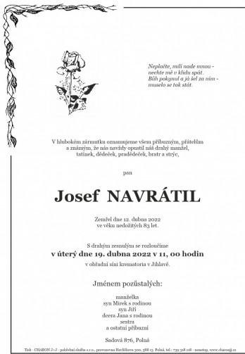 Smuteční oznámení - pan Josef NAVRÁTIL