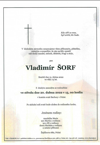 Smuteční oznámení - pan Vladimír ŠORF