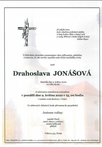Smuteční oznámení - paní Drahoslava JONÁŠOVÁ