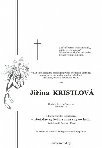 Smuteční oznámení - paní Jiřina KRISTLOVÁ