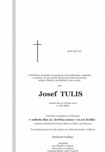 Smuteční oznámení - pan Josef TULIS