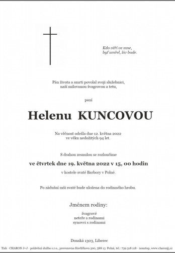Smuteční oznámení - paní Helena KUNCOVÁ