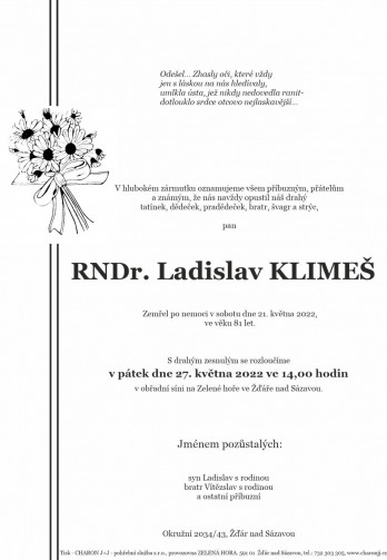 Smuteční oznámení - RNDr Ladislav KLIMEŠ