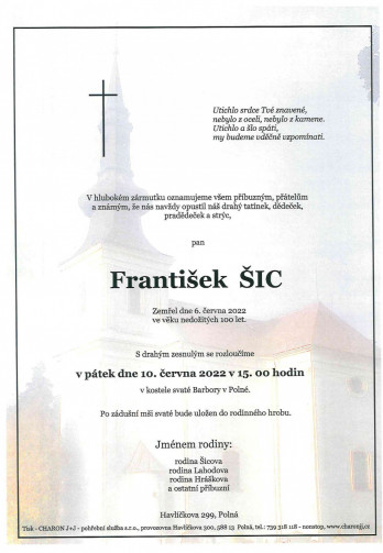 Smuteční oznámení - pan František ŠIC