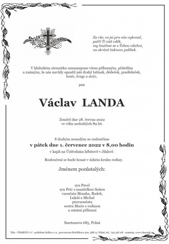 Smuteční oznámení - pan Václav LANDA