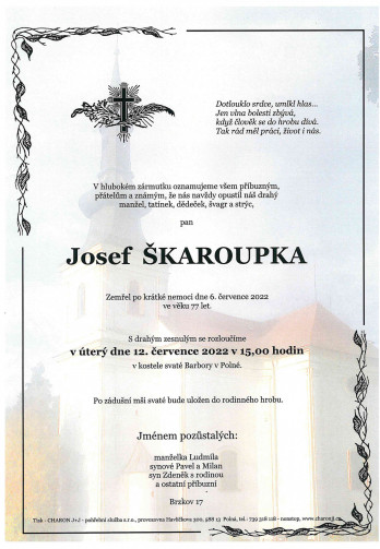 Smuteční oznámení - pan Josef ŠKAROUPKA